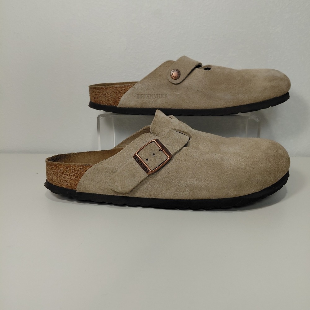 Birkenstock Boston Suede Clogs Size 40 Taupe Tan Cork Footbed Mules M7 W9